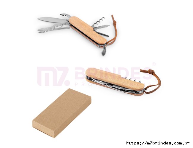 Canivete multifunções em bambu e aço inox com cordão em PU com 7 funções
