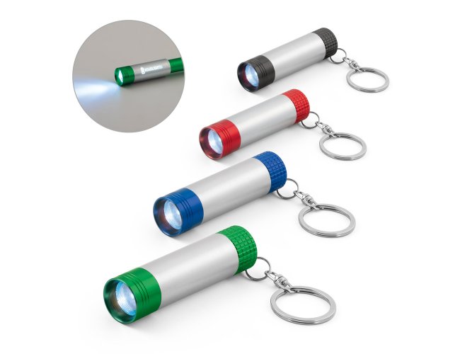 Chaveiro com lanterna em alumnio e LED interior. Incluso 4 pilhas LR44. Fornecida em caixa presente