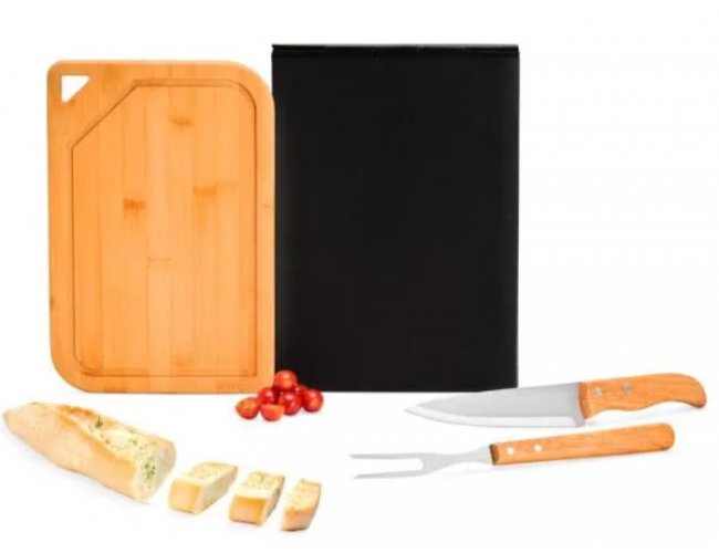 Conj. Para Churrasco Em Bambu / Inox / Madeira - 3 Pçs