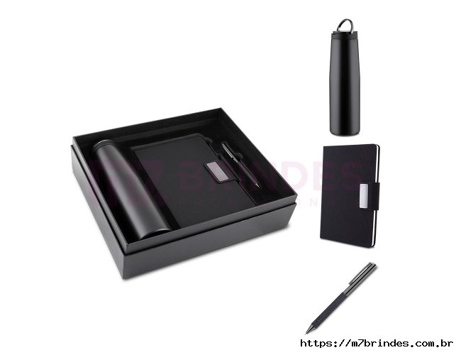 Kit escritório Caderno, Garrafa e Caneta Metálica