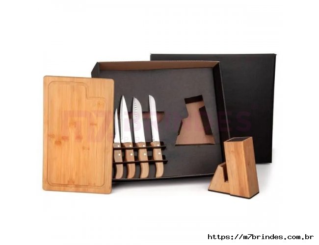 Conjunto Para Cozinha Com Cepo Em Bambu / Madeira / Inox - 6 Ps