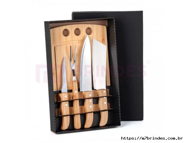Kit Para Churrasco / Cozinha Em Bambu / Madeira / Inox - 5 Ps