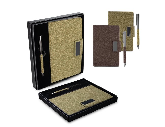Kit escritório A5 em PU e fibra de café ou chá e Caneta Metalica